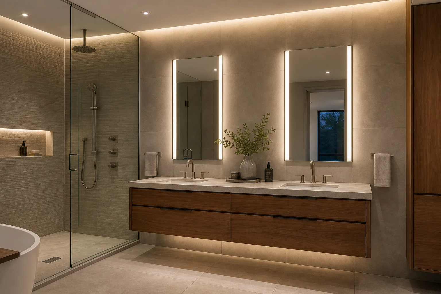 AI hotel bathroom concept with double vanity and layered mirror lighting