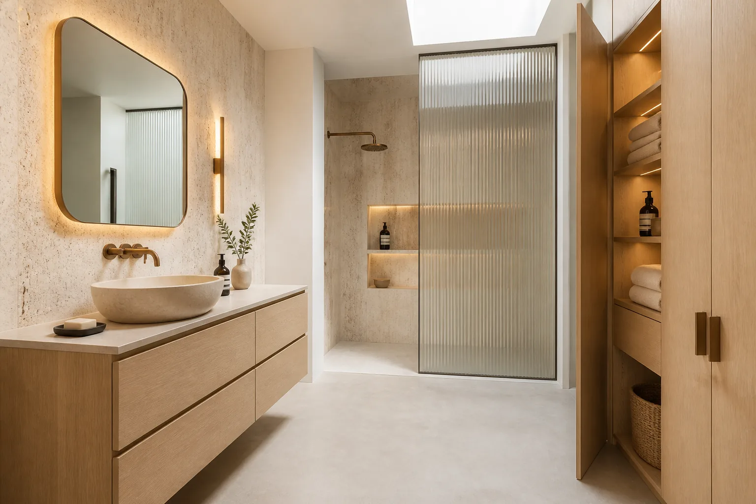 Organic modern bathroom using pale oak, warm stone and fluted glass
