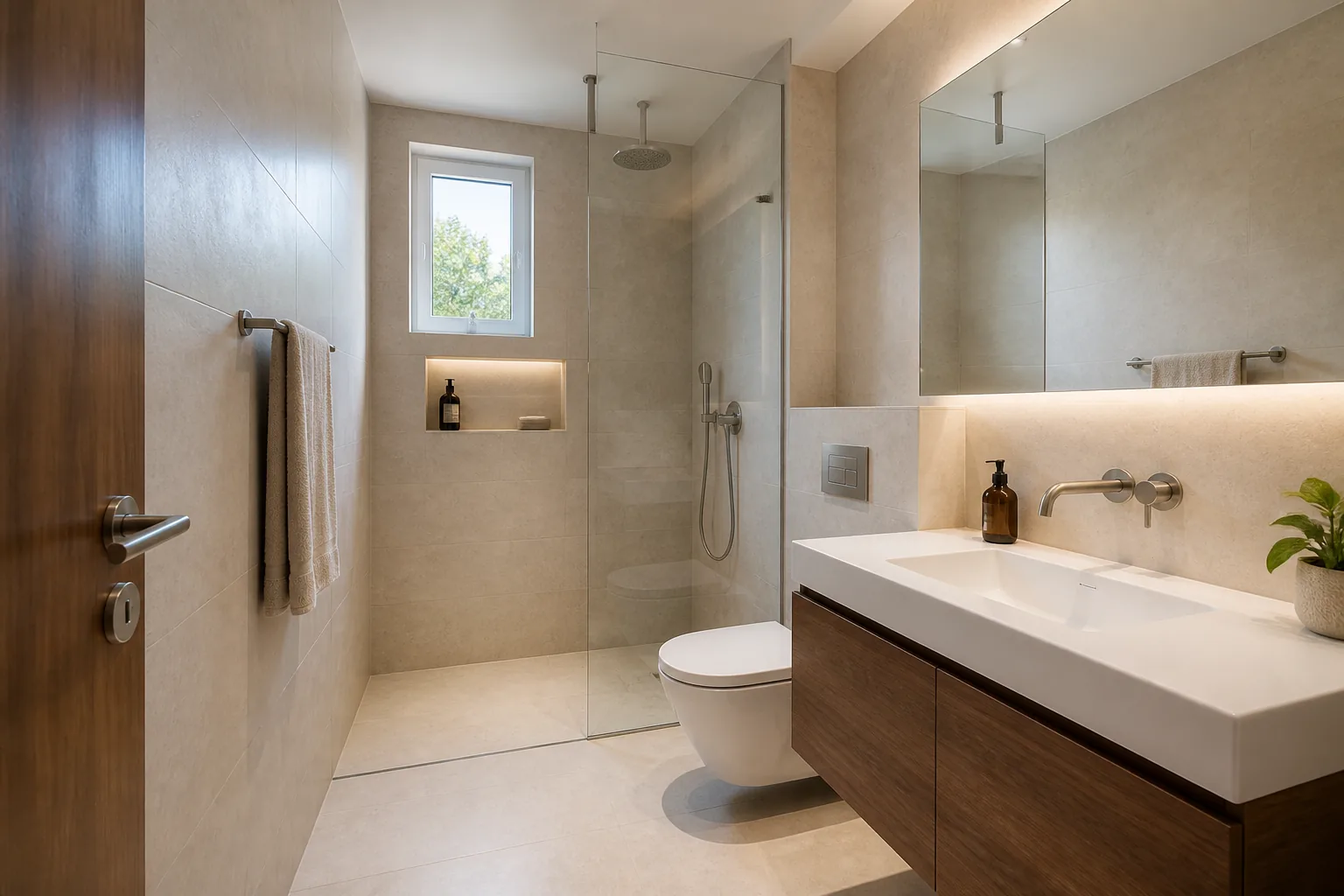 Compact modern bathroom layout with a floating vanity and walk-in shower