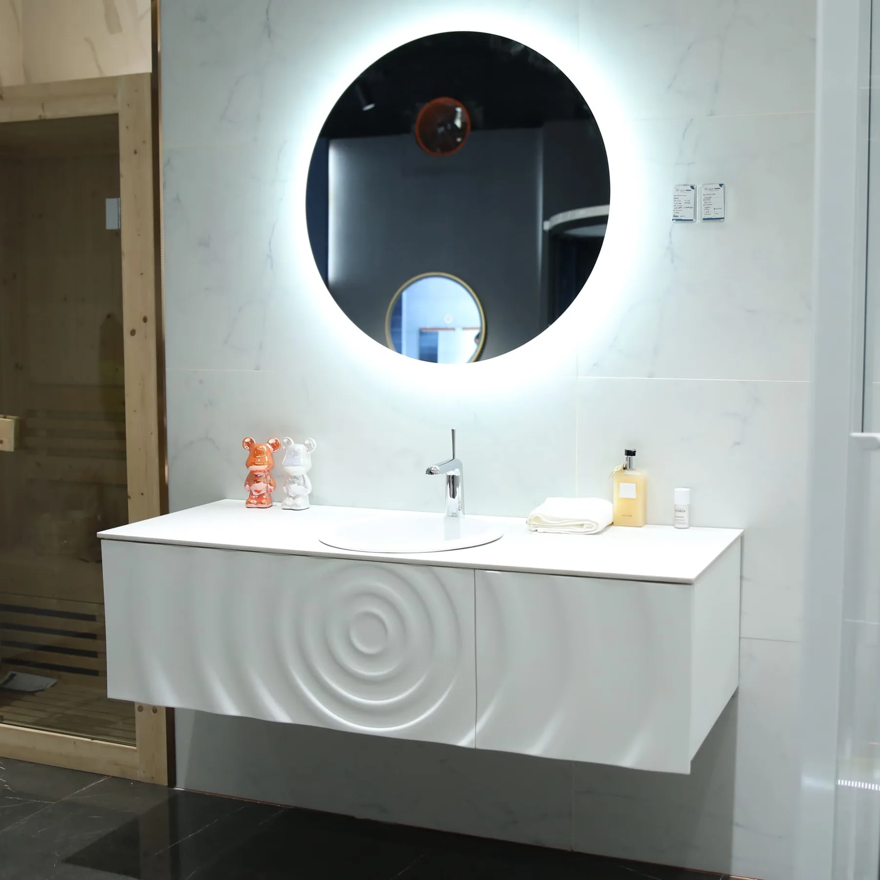 Modern bathroom vanity detail showing cabinet, top and basin proportions